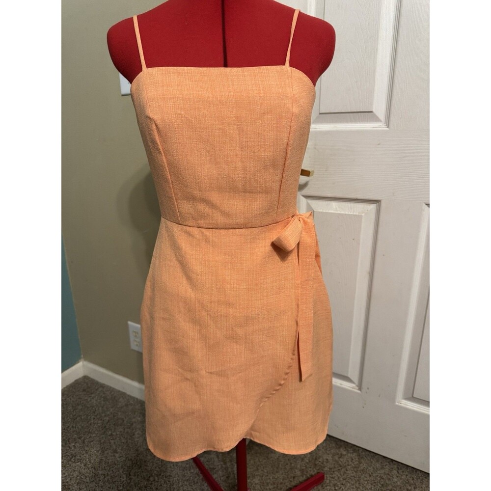 Altar’d State Peach Faux Wrap Mini Dress M Tie Waist Lined Spaghetti Strap